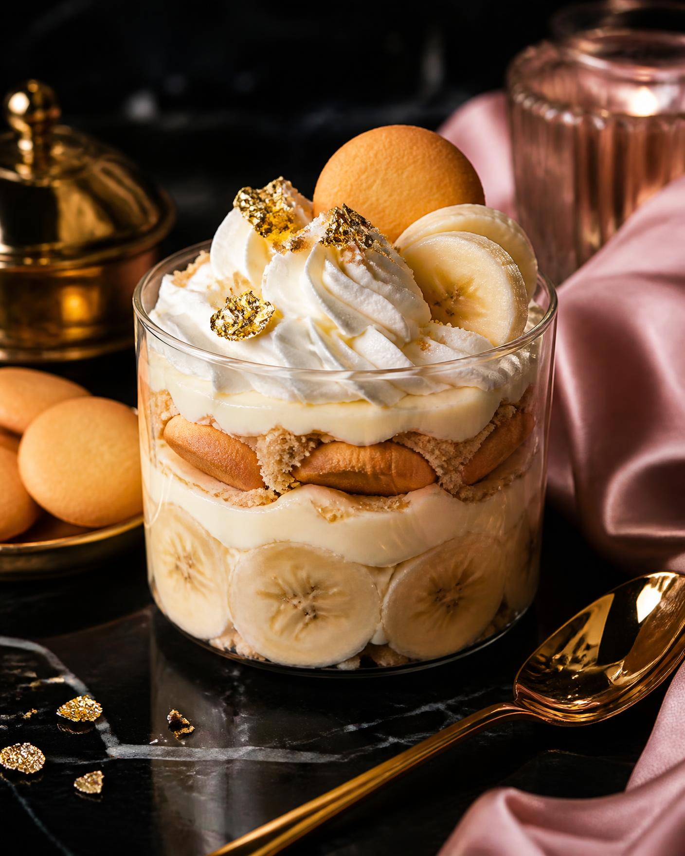 Layered banana pudding cup with gold leaf on black marble