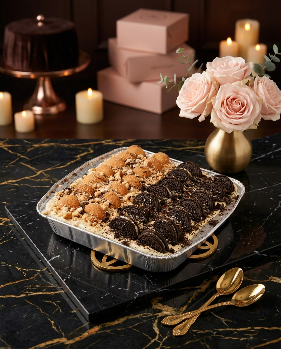 Custom 8x8 banana pudding pan split between Banana Bliss and Oreo Craze halves